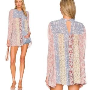 Free People Merrie Mix Print Baby Doll Style Tunic Lilac Combo Size Medium